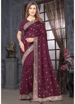 Vichitra Wine Wedding Wear Embroidery Work Saree